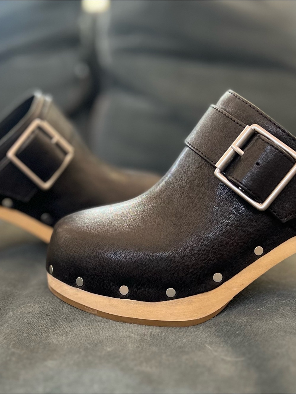 PAIGE Women’s Black Leather Clog w/ Silver Buckle